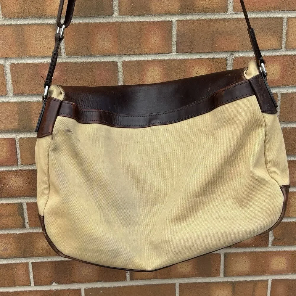 Vintage TUMI TownHouse Wilton Messenger Bag Khaki Leather Canvas 24270KH Worn